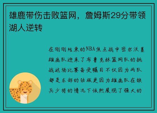 雄鹿带伤击败篮网，詹姆斯29分带领湖人逆转